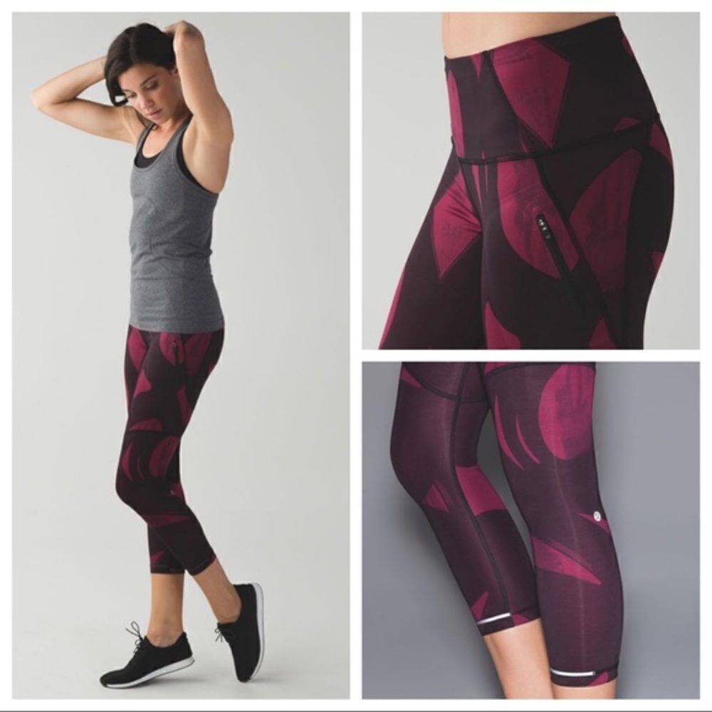 Lululemon All Sport Crop Leggings Back Spin Stroke Dashing Purple Black Size 10